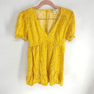 Miss Selfridge Women’s Yellow Floral Print V-Neck Mini Tea Dress Size 4